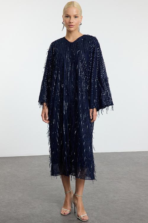 Navy Blue Sequined Evening Dress