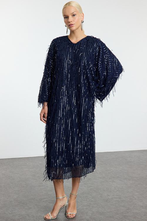 Navy Blue Sequined Evening Dress