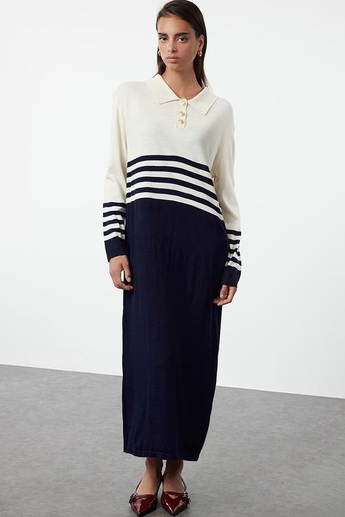 Beige Navy Blue Color Block Knit Dress