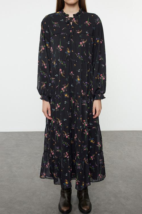 Black Floral Collar Woven Dress