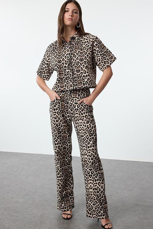 Multicolored Leopard Patterned High Waist Wide Leg Jeans