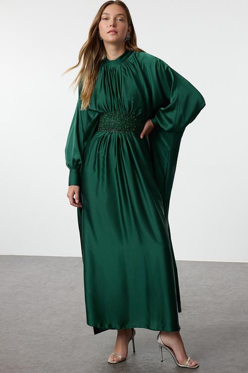 Dark Green Satin Stone Detailed Evening Dress