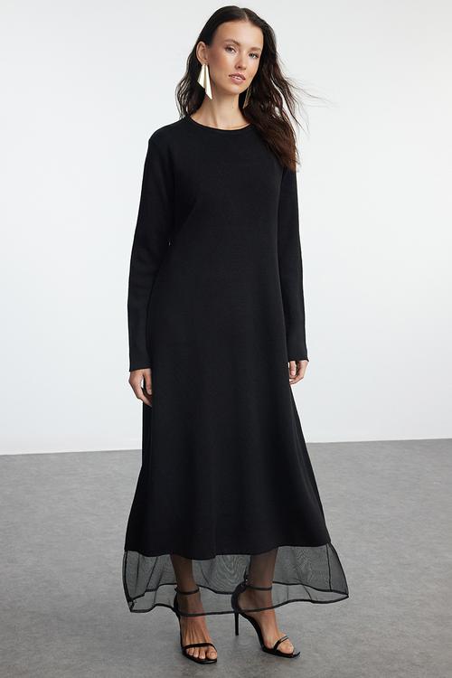 Black Tulle Detailed Skirt Knit Dress