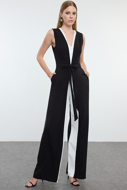 Black-White Belt Detailed Woven Overalls