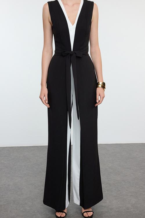 Black-White Belt Detailed Woven Overalls