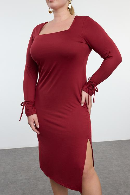 Plus Premium Square Neck Slit Knitted - Claret Red 