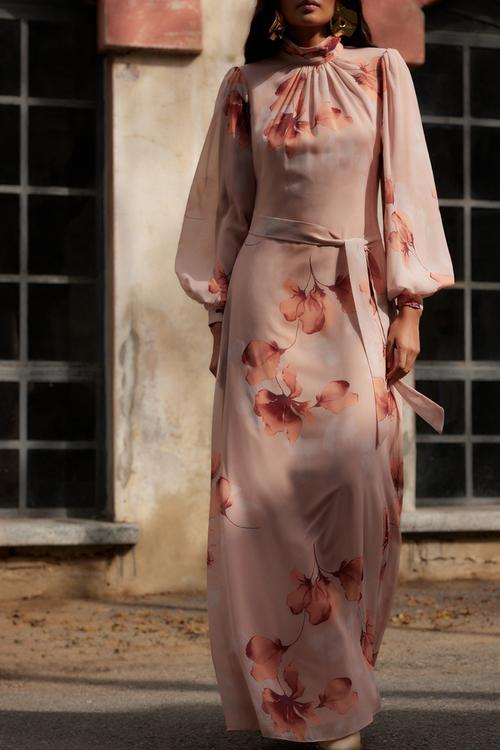 Powder Floral Print Belted Dress