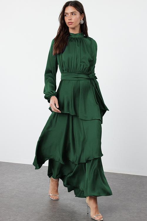 Dark Green Tiered Satin Evening Dress