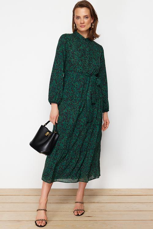 Patterned Sash Detailed Lined Chiffon Woven Dress - dark green