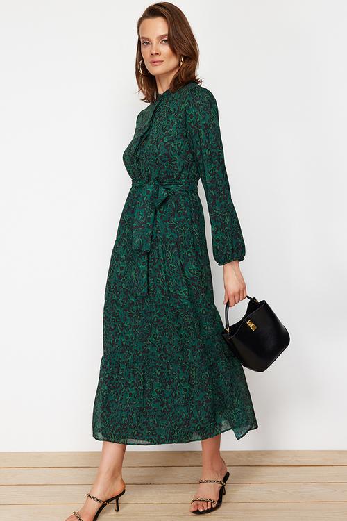 Patterned Sash Detailed Lined Chiffon Woven Dress - dark green