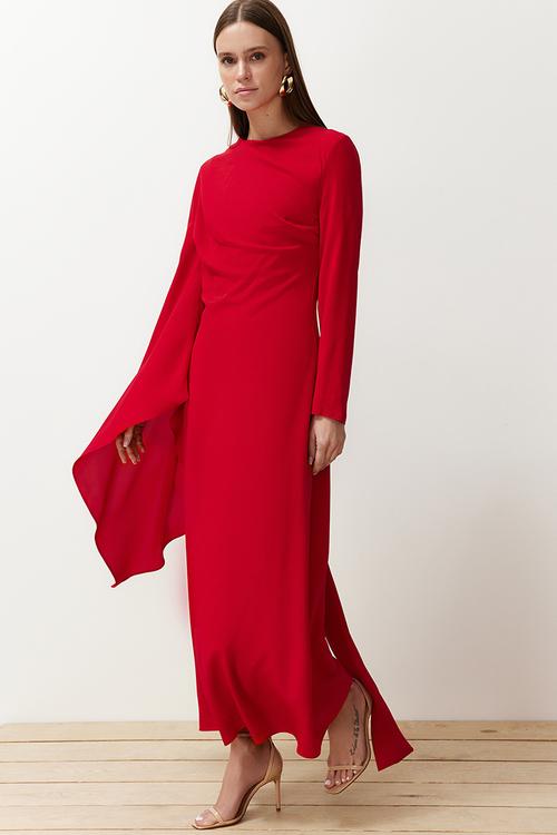Shawl Detailed Evening Dress - red