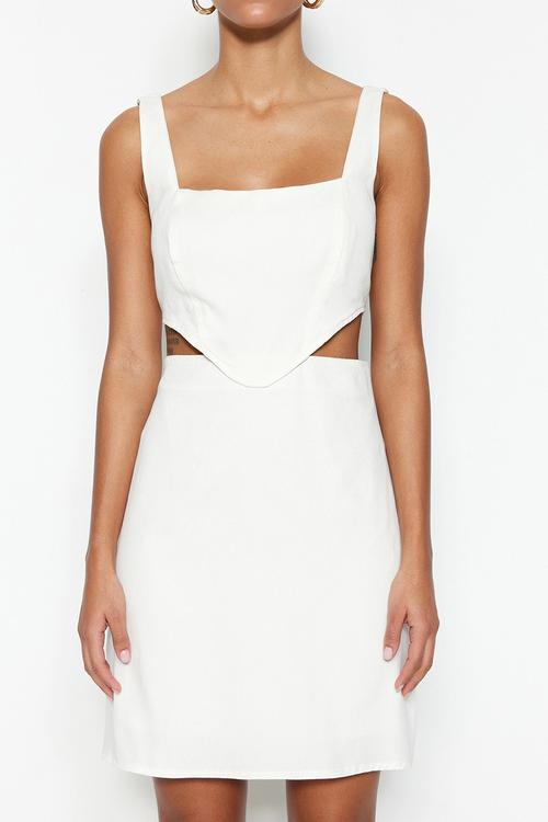 Ecru A-Cut Cut-Out Square Collar Mini Dress