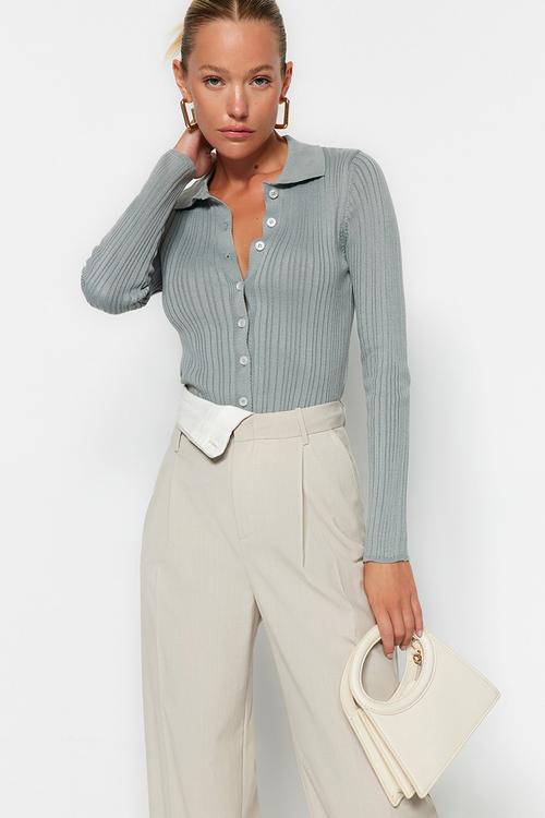 Grey ribbed polo collar knitwear cardigan