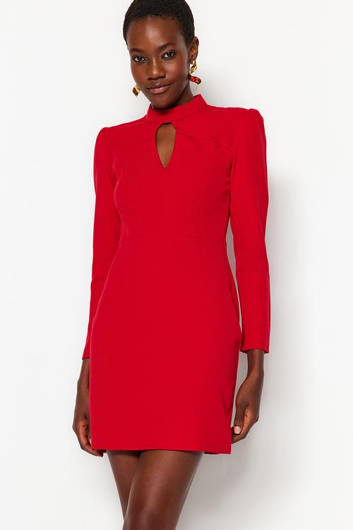 Red Mini Collar Detailed Woven Dress