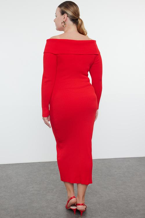 Ribbed carmen collar rose detailed knitwear dress - red 