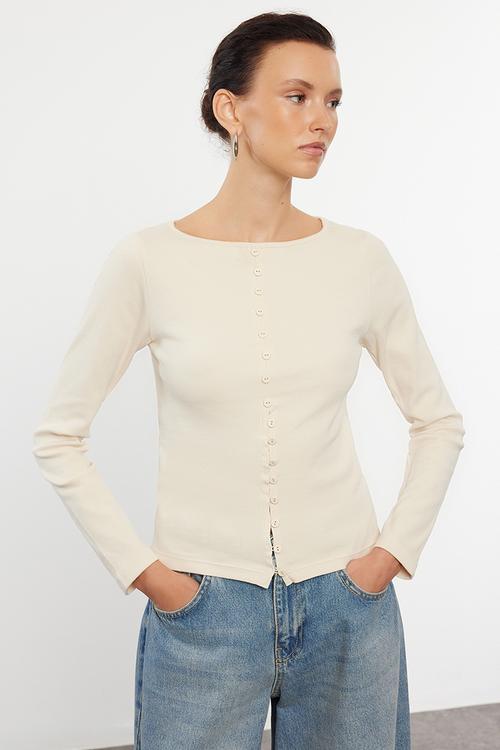 Button detailed crew neck ribbed flexible knitwear - stone  