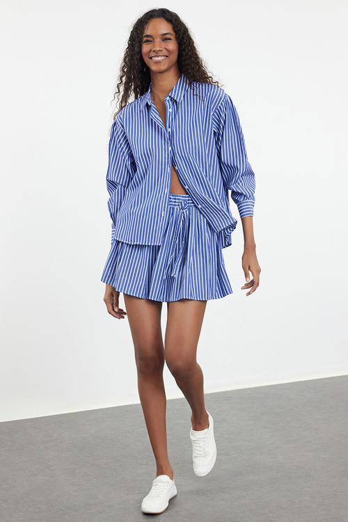 Elastic Waist Corded Striped Mini Length Woven Skirt - Blue 