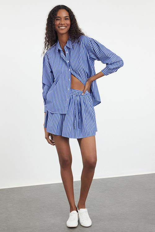 Elastic Waist Corded Striped Mini Length Woven Skirt - Blue 