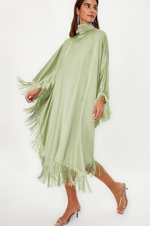 Tassel Detailed Satin Kaftan Evening Dress - Khaki 