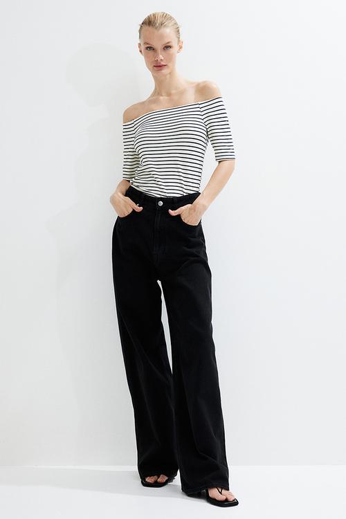 Off-the-shoulder jersey top - white & navy blue striped
