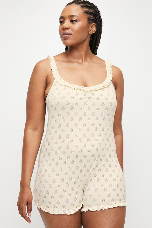 Plus Rib Ruffle Boyleg Romper - Teddy Antique White