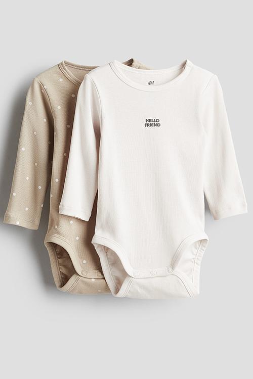 2 pack long-sleeved bodysuits - beige hello friend