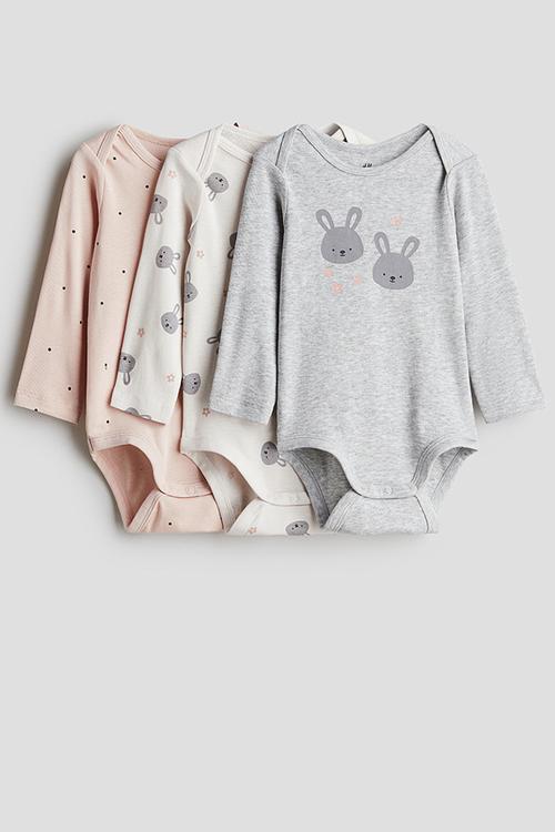 3 pack long-sleeved bodysuits - light grey marl/bunnies