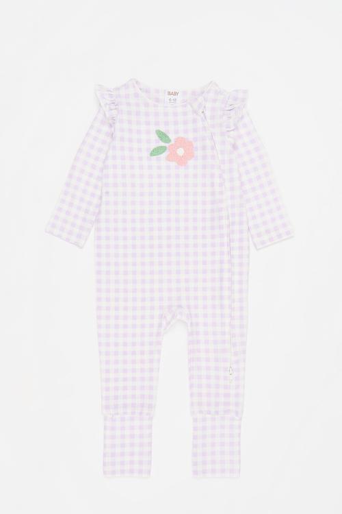 The long sleeve zip romper - vintage lilac gingham flower applique