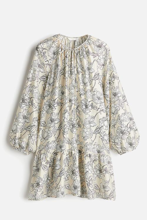 Tie-detail dress - light beige & white floral