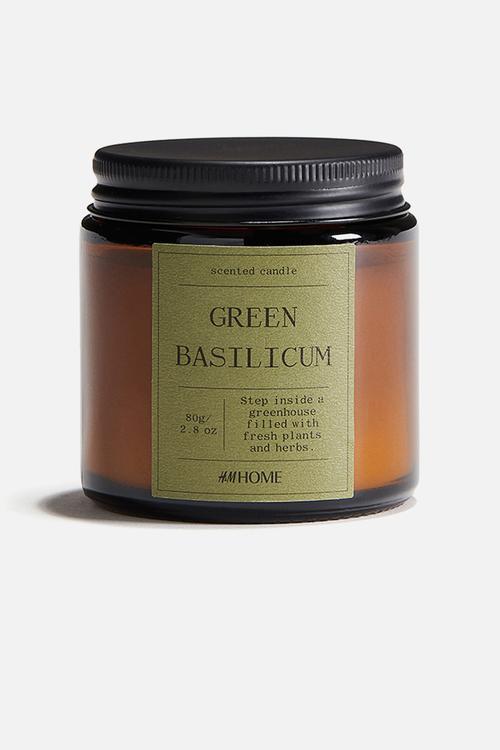 Small scented candle in glass holder -  khaki green/green basilicum