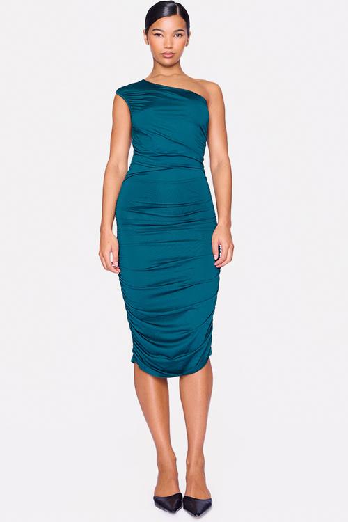 Klinky one shoulder ruched longline midi dress - emerald green