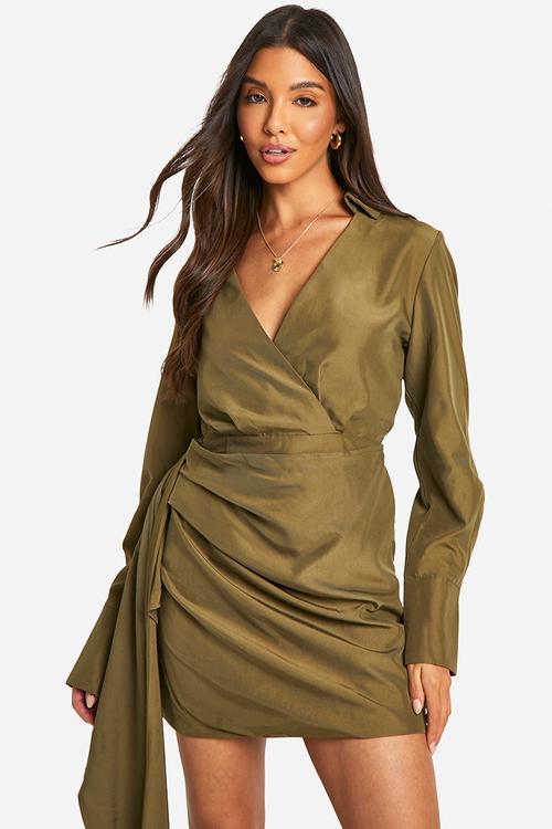 Drape Detail Shirt Dress - Khaki