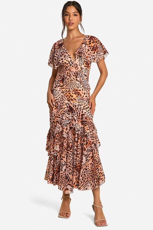 Leopard Ruffle Maxi Dress - Brown