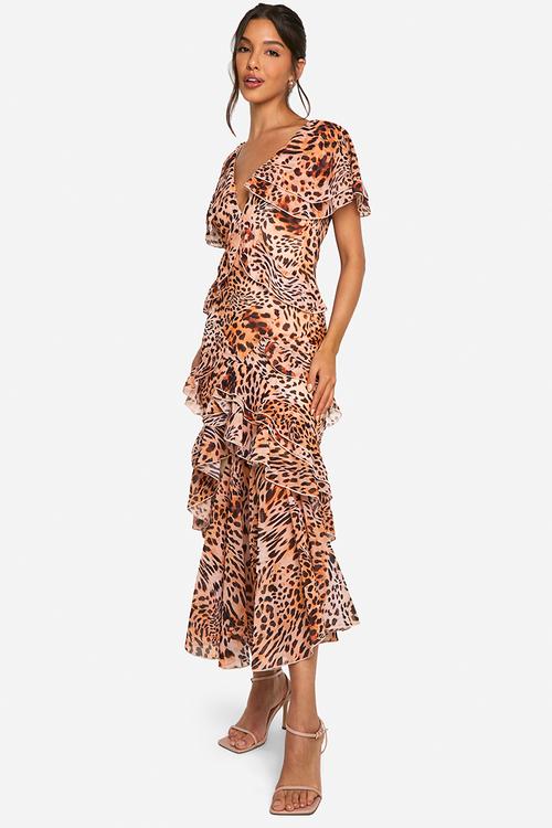 Leopard Ruffle Maxi Dress - Brown
