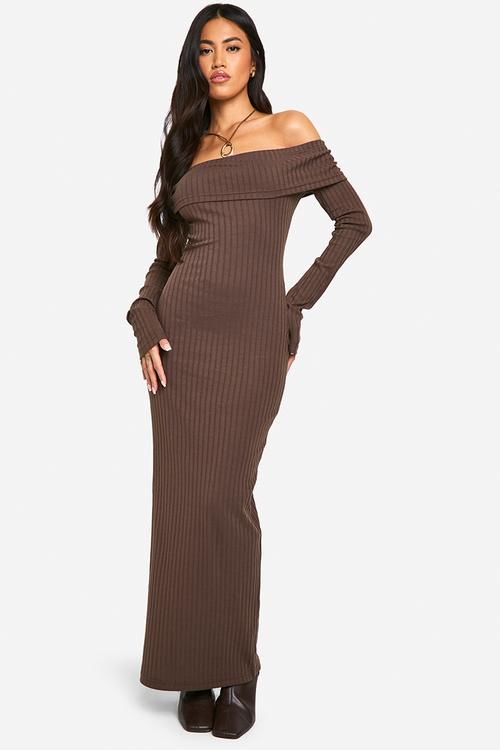 Wide Rib Bardot Maxi Dress - chocolate