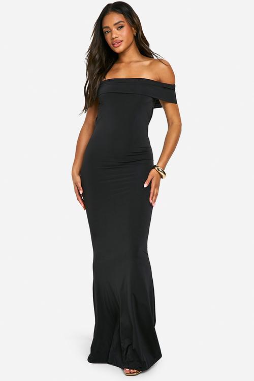 Off Shoulder Ruched Back Slinky Maxi Dress - Black