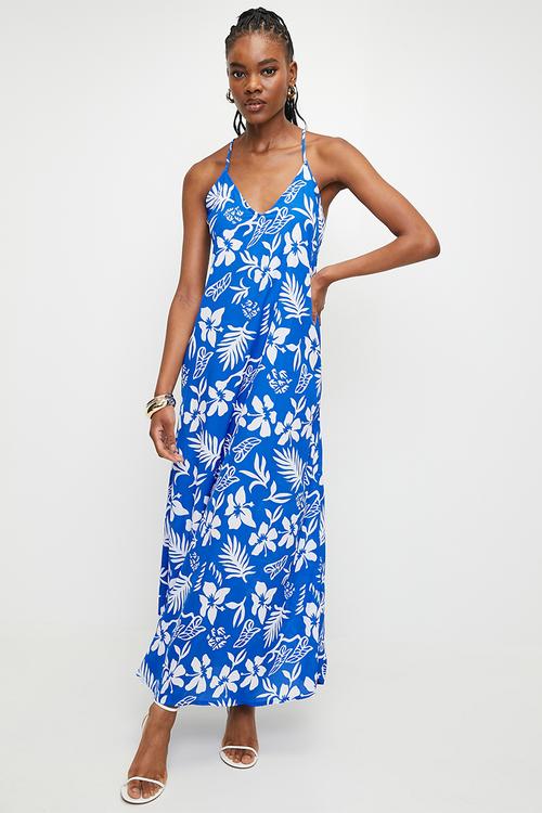 Hibiscus V Neck Strappy Maxi Dress - Blue