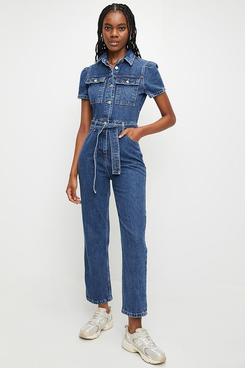 Wide Leg Denim Jumpsuit - Dark blue