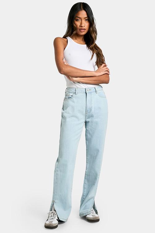 Basics High Waisted Split Hem Straight Leg Jeans - bleach wash