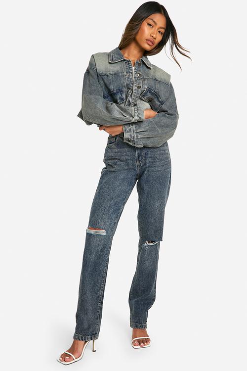 Basics ced Straight Leg Ripped Knee Jeans - Vintage Blue