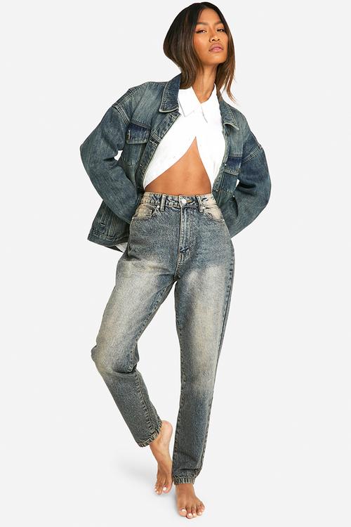 Basics Sand Blast High Waisted Mom Jeans - Vintage Wash
