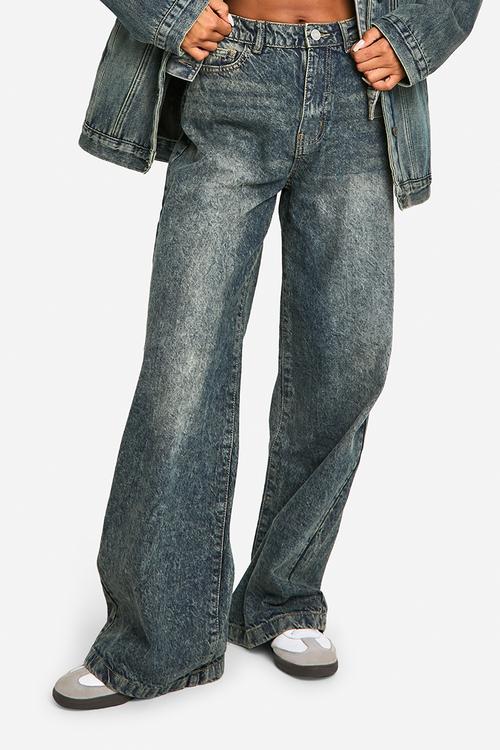 Basics Sand Blast High Waisted Wide Leg Jeans - Vintage Wash