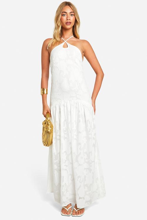Textured Floral Halterneck Maxi Dress - ivory