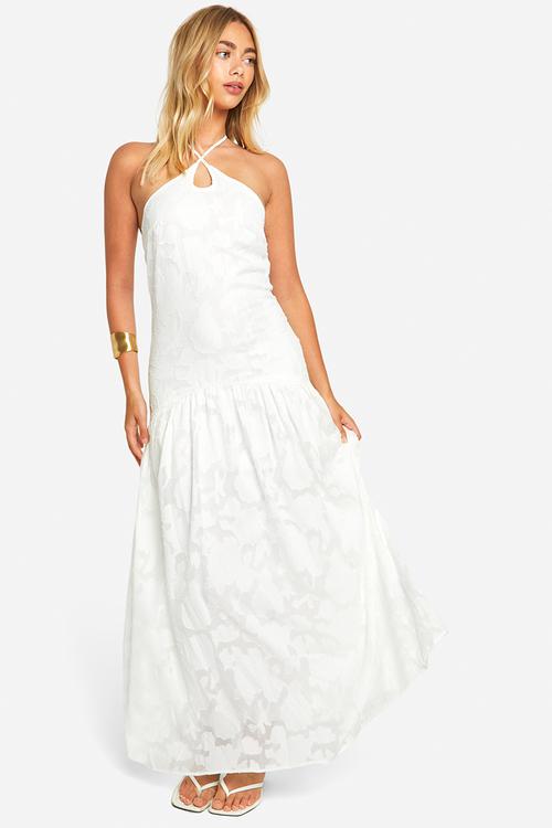 Textured Floral Halterneck Maxi Dress - ivory