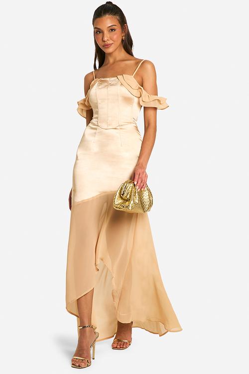 Satin Chiffon Mix Corset Drape Maxi Dress - Champagne