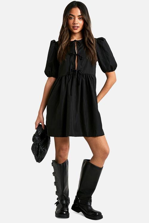 Tie Front Woven Puff Sleeve Mini Dress - Black