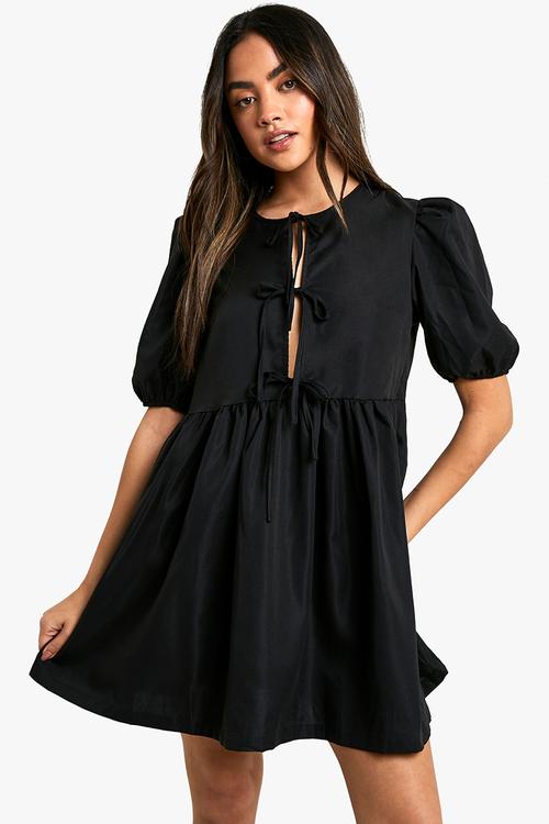 Tie Front Woven Puff Sleeve Mini Dress - Black