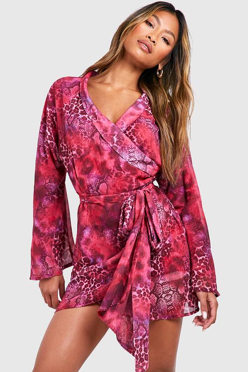 Animal Print Wrap Mini Dress - Pink