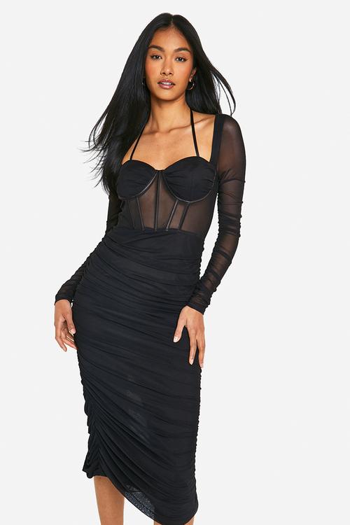 Mesh Cup Detail Ruched Midaxi Dress - black