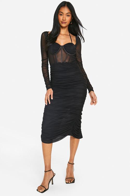 Mesh Cup Detail Ruched Midaxi Dress - black
